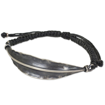 Silver wristband bracelet, 'Grey Bamboo Leaf' - Handmade 925 Silver Bamboo Leaf on Grey Wristband Bracelet