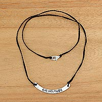 Sterling silver bar necklace, 'Gratitude in Black' - Inspirational Jewelry Gratitude Black Necklace 925 Silver