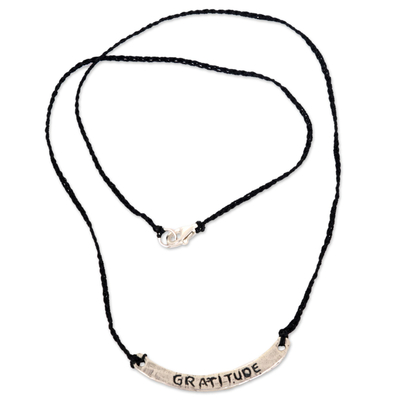 Sterling silver bar necklace, 'Gratitude in Black' - Inspirational Jewellery Gratitude Black Necklace 925 Silver