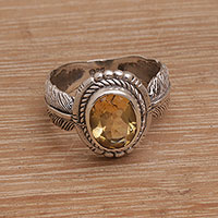 Citrine cocktail ring, 'Band of Feathers' - Handmade 925 Sterling Silver Citrine Feather Cocktail Ring