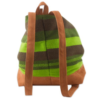 Suede accent alpaca blend backpack, 'Moche Valley' - Hand Woven Green Alpaca Blend and Suede Backpack from Peru