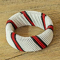 Beaded bangle bracelet, 'Kenya Warrior in White' - Beaded Bangle Bracelet Handmade in Kenya