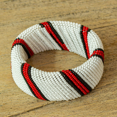 Beaded bangle bracelet, 'Kenya Warrior in White' - Beaded Bangle Bracelet Handmade in Kenya