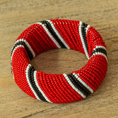 Beaded bangle bracelet, 'Kenya Warrior in Red' - African Red Beaded Bangle Bracelet