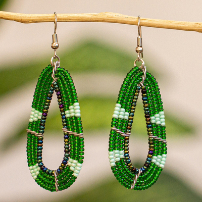Beaded dangle earrings, 'Valley Green' - Kenyan Green Beaded Dangle Earrings