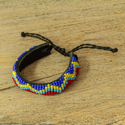 Beaded leather wristband bracelet, 'Mombasa Rainbow' - Multicolored Beaded Leather Bracelet