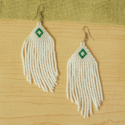 Beaded dangle earrings, 'Mount Kenya' - White and Turquoise Beaded Long Earrings