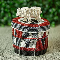 Decorative beaded box, 'White Rhino' - Handmade Beaded Decorative Box