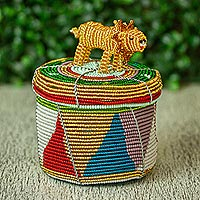 Multicolored Beaded Box with Lion,'Golden Lion'