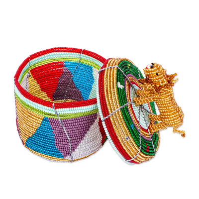 Decorative beaded box, 'Golden Lion' - Multicolored Beaded Box with Lion