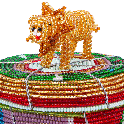 Decorative beaded box, 'Golden Lion' - Multicolored Beaded Box with Lion