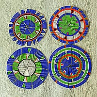 Beaded coaster set, 'Colors of Kenya' (set of 4) - Hand Beaded African Coasters (Set of 4)
