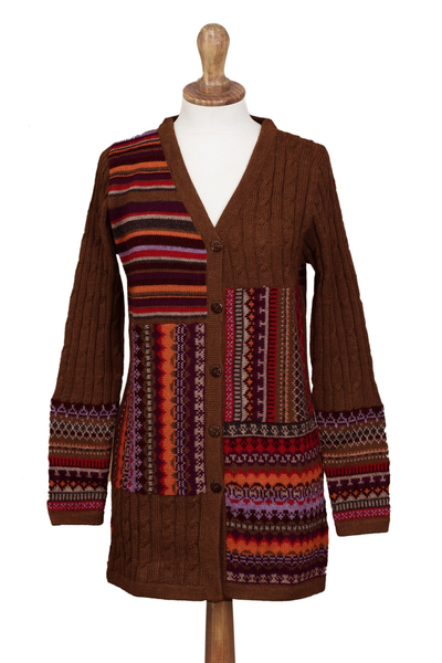 100% alpaca cardigan, 'Patchwork in Chestnut' - Cable Knit 100% Alpaca Cardigan in Chestnut from Peru