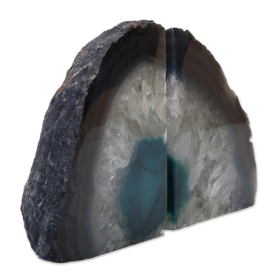 Agate bookends, 'Teal Poetry' - Agate Geode Bookends with a Teal Core from Brazil
