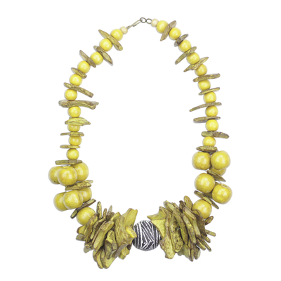 Wood and coconut shell beaded statement necklace, 'Yellow Splendor' - Yellow Sese Wood and Coconut Shell Statement Necklace