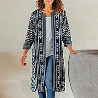 Ikat cotton duster, 'Kartini in Black' - Long Hand Woven Ikat Cotton Duster Jacket
