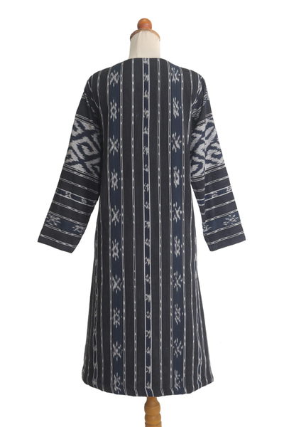 Ikat cotton duster, 'Kartini in Black' - Long Hand Woven Ikat Cotton Duster Jacket
