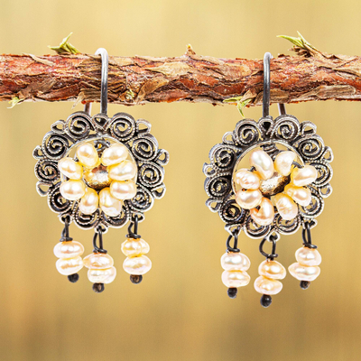 Cultured pearl filigree chandelier earrings, 'Old-Fashioned Flair' - Peach Cultured Pearl Filigree Earrings