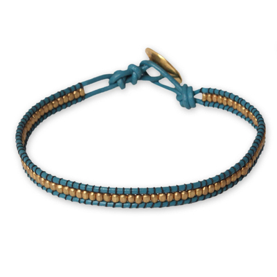 Leather and gold plate wristband bracelet, 'Golden Azure' - Gold Plated Brass and Leather Bracelet