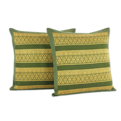 Cotton cushion covers, 'Enchanted Thai Jungle' (pair) - Thai Green and Yellow Brocade Cushion Covers (Pair)
