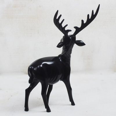 Ebony wood sculpture, 'Curious Deer' - West African Ebony Polished Carved Brown Deer Sculpture