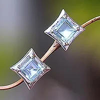 Blue topaz stud earrings, 'Elegance of Squares' - Square Blue Topaz Stud Earrings Crafted in Bali