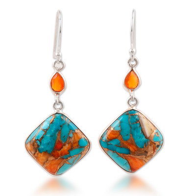 Carnelian dangle earrings, 'Colorful Kites' - Carnelian and Composite Turquoise Sterling Silver Earrings