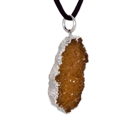 Drusy citrine pendant necklace, 'Pathway of the Sun' - Freeform Drusy Citrine Pendant Necklace and Suede Cord