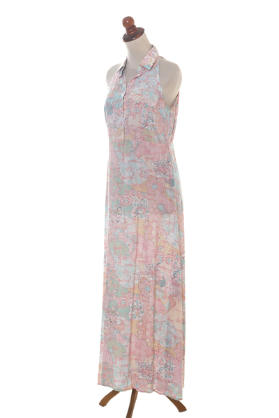 Rayon halter dress, 'Sekar Jagad' - Rayon Halter Dress with Pink and Aqua Print