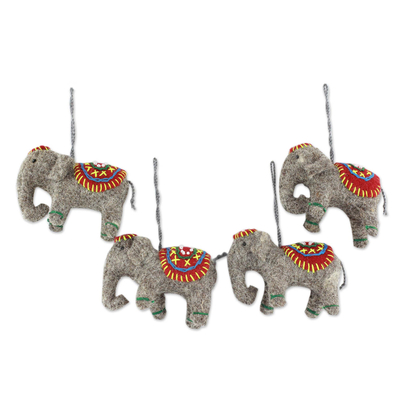 Wool ornaments, 'Elephants in Red' (set of 4) - Set of 4 Handmade Elephant Ornaments