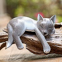 Wood statuette, 'Lounging Cat in Grey' - Hand Carved Suar Wood Cat Statuette