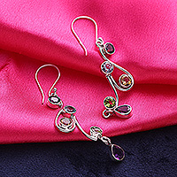 Multi-gemstone dangle earrings, 'Dancing Rainbow' - Multi-Gemstone and Scrolling Sterling Silver Dangle Earrings