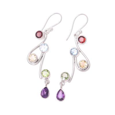 Multi-gemstone dangle earrings, 'Dancing Rainbow' - Multi-Gemstone and Scrolling Sterling Silver Dangle Earrings