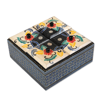 Wood decorative box, 'Javanese Secret' - Floral Batik Wood Decorative Box from Indonesia
