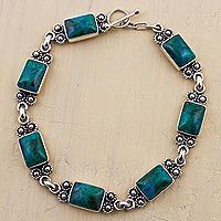 Chrysocolla link bracelet, 'Seven Desires' - Chrysocolla Sterling Silver Link Bracelet from Peru