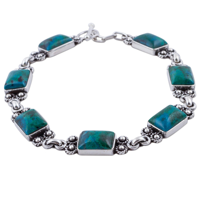 Chrysocolla link bracelet, 'Seven Desires' - Chrysocolla Sterling Silver Link Bracelet from Peru