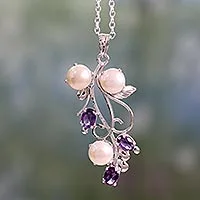 Amethyst and cultured pearl pendant necklace, 'Sincerely Yours' - Pendant Necklace in Silver with Amethysts and Pearls