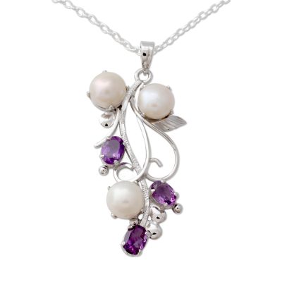 Amethyst and cultured pearl pendant necklace, 'Sincerely Yours' - Pendant Necklace in Silver with Amethysts and Pearls