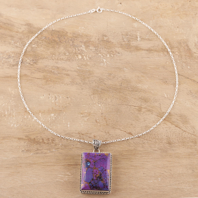 Sterling silver and composite turquoise pendant necklace, 'Purple Rectangle' - Rectangular Purple Composite Turquoise and Silver Necklace