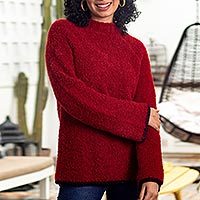 Alpaca blend funnel neck sweater, 'Sumptuous Warmth in Red' - Plush and Warm Red Alpaca Blend Boucle Sweater