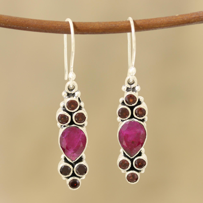 Agate and garnet dangle earrings, 'Passionate Trios' - Teardrop Agate and Garnet Dangle Earrings from India