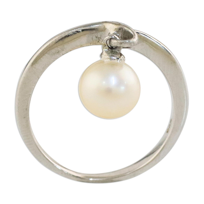 Cultured pearl charm ring, 'Unity Is Power' - Fair Trade Pearl and Silver Charm Ring