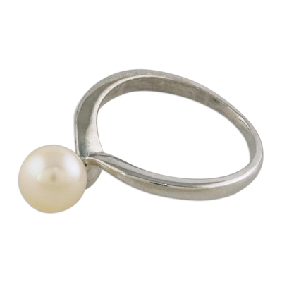 Cultured pearl charm ring, 'Unity Is Power' - Fair Trade Pearl and Silver Charm Ring