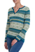 100% alpaca sweater, 'Snowflake Meadow' - Green and Blue on White 100% Alpaca V-Neck Sweater (image 2b) thumbail