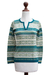 100% alpaca sweater, 'Snowflake Meadow' - Green and Blue on White 100% Alpaca V-Neck Sweater (image 2d) thumbail