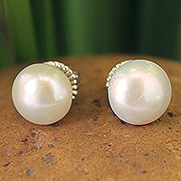 Cultured pearl button earrings, 'Cloud Serenade' - Bridal Pearl Button Earrings