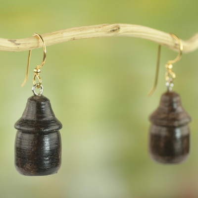 Wood dangle earrings, 'Village Huts' - Handcrafted Sese Wood Hut-Shaped Earrings from Ghana