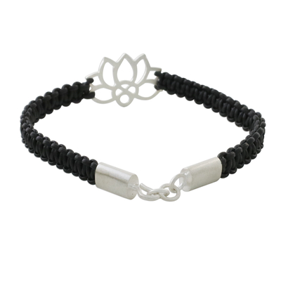 Sterling silver and leather pendant bracelet, 'Lotus Strength in Black' - Sterling Silver Lotus Pendant Black Leather Bracelet