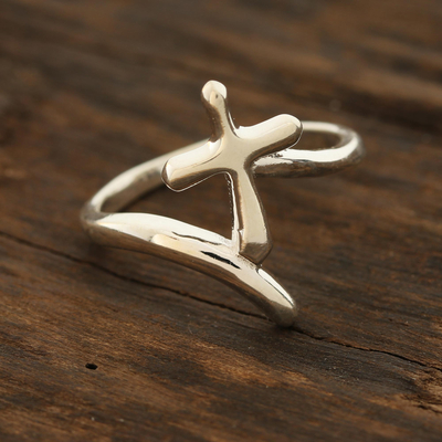 Sterling silver band ring, 'Holy Faith' - Sterling Silver Cross Band Ring from India