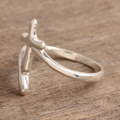 Sterling silver band ring, 'Holy Faith' - Sterling Silver Cross Band Ring from India